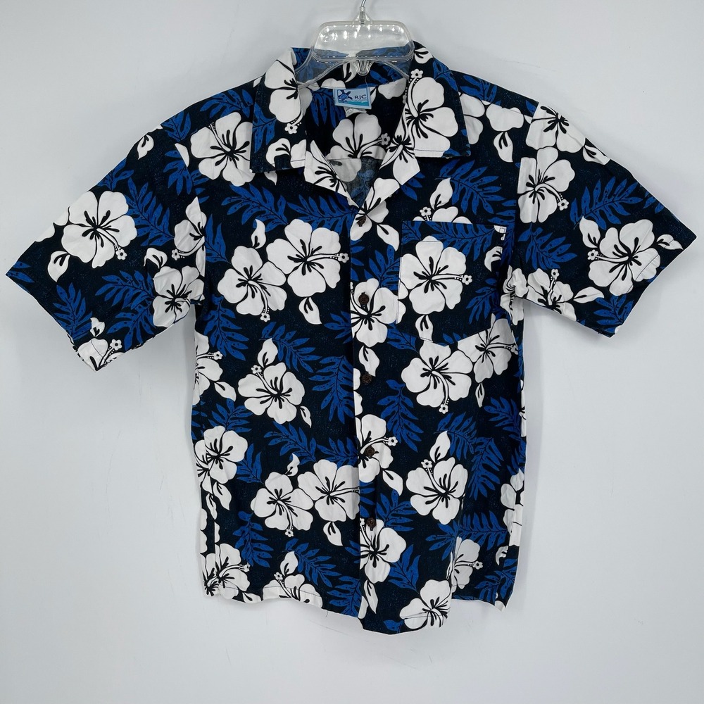 RJC Men's Vintage Blue Floral Hibiscus Print Short Sleeve Hawaiian Shirt Size 18